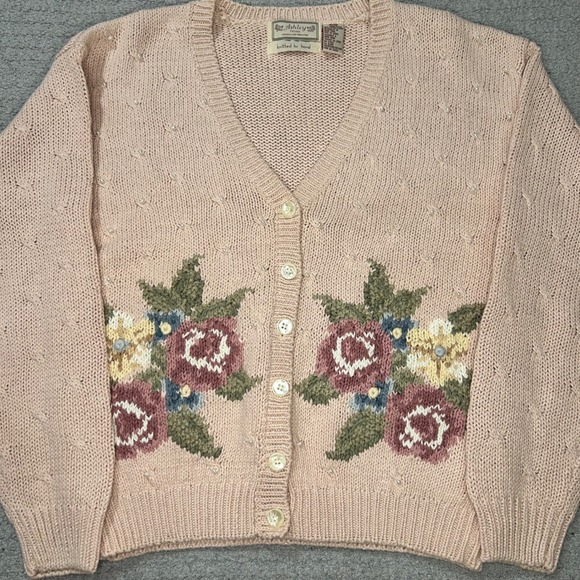 Ashley Petites Sweaters - 1990s Ashley Cardigan VTG Floral Hand Knit PM Pink Grandmacore Coquette Cottage